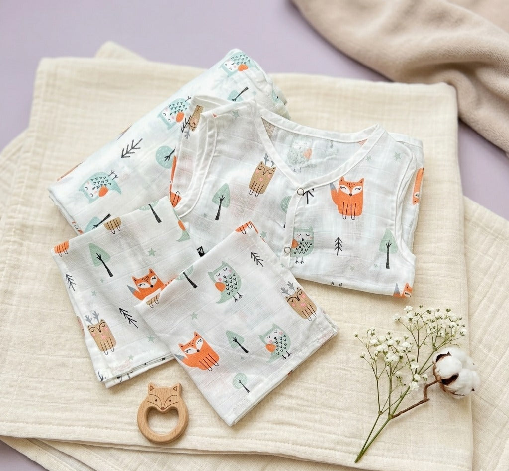Baby clothing set with fox pattern on a textured surface