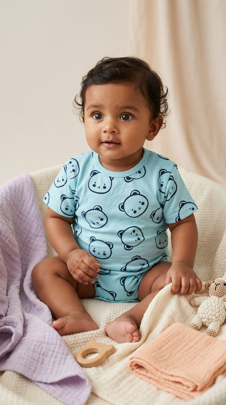 Baby wearing a blue onesie with bear pattern sitting on a soft surface.
