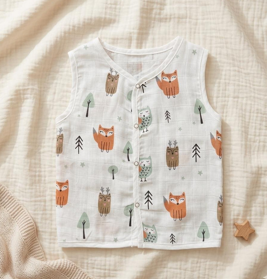 Baby vest with fox and owl pattern on a soft beige fabric background