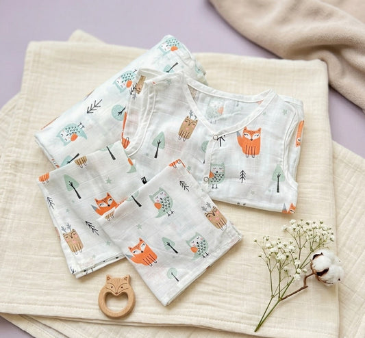Baby clothing set with fox pattern on a textured surface