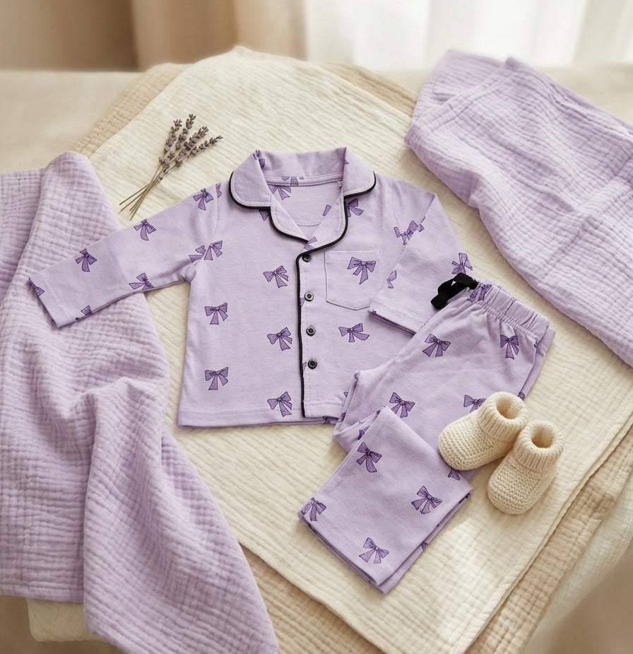 Purple pajama set with bow pattern on a wooden surface