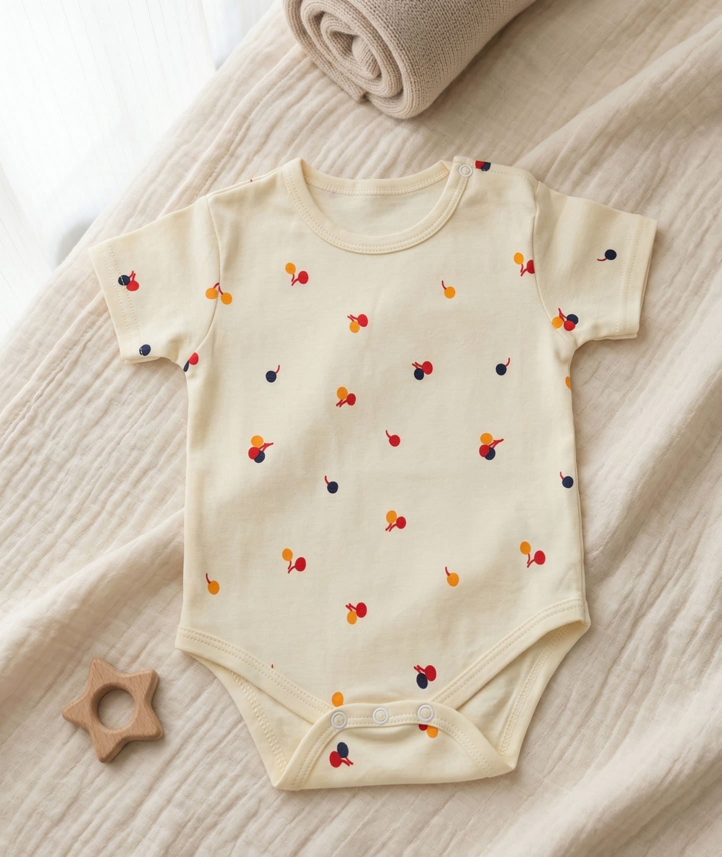 Baby onesie with colorful cherry on a soft fabric background