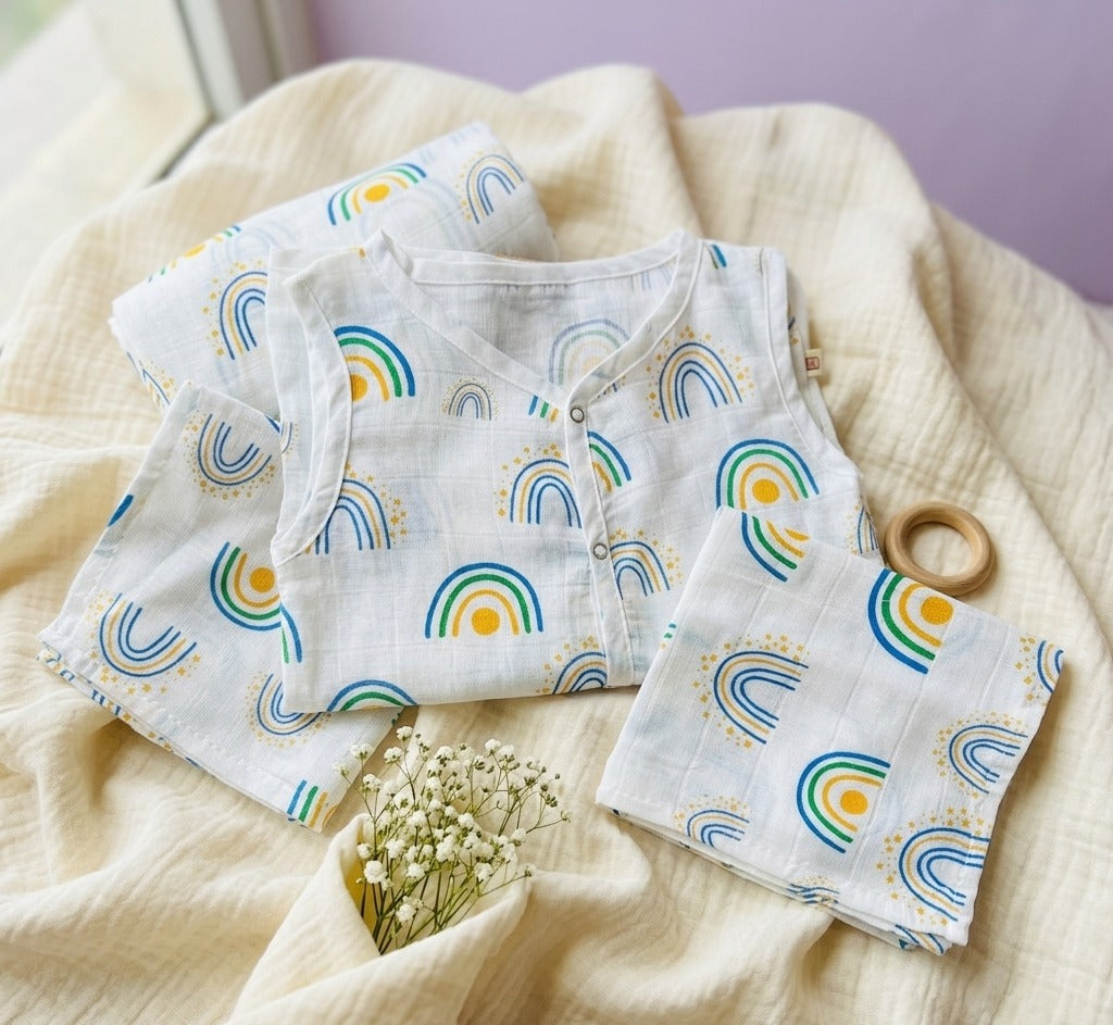 Baby outfit with rainbow pattern on a soft fabric background