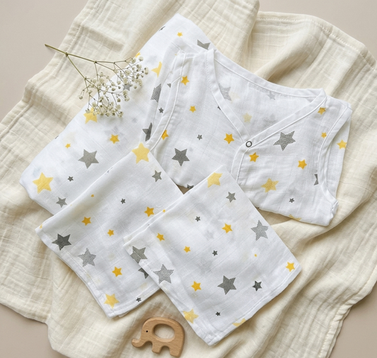 Baby clothing set with star pattern on a soft fabric background