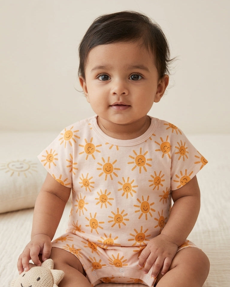 Baby wearing a sun-patterned outfit sitting on a bed with a plush toy.