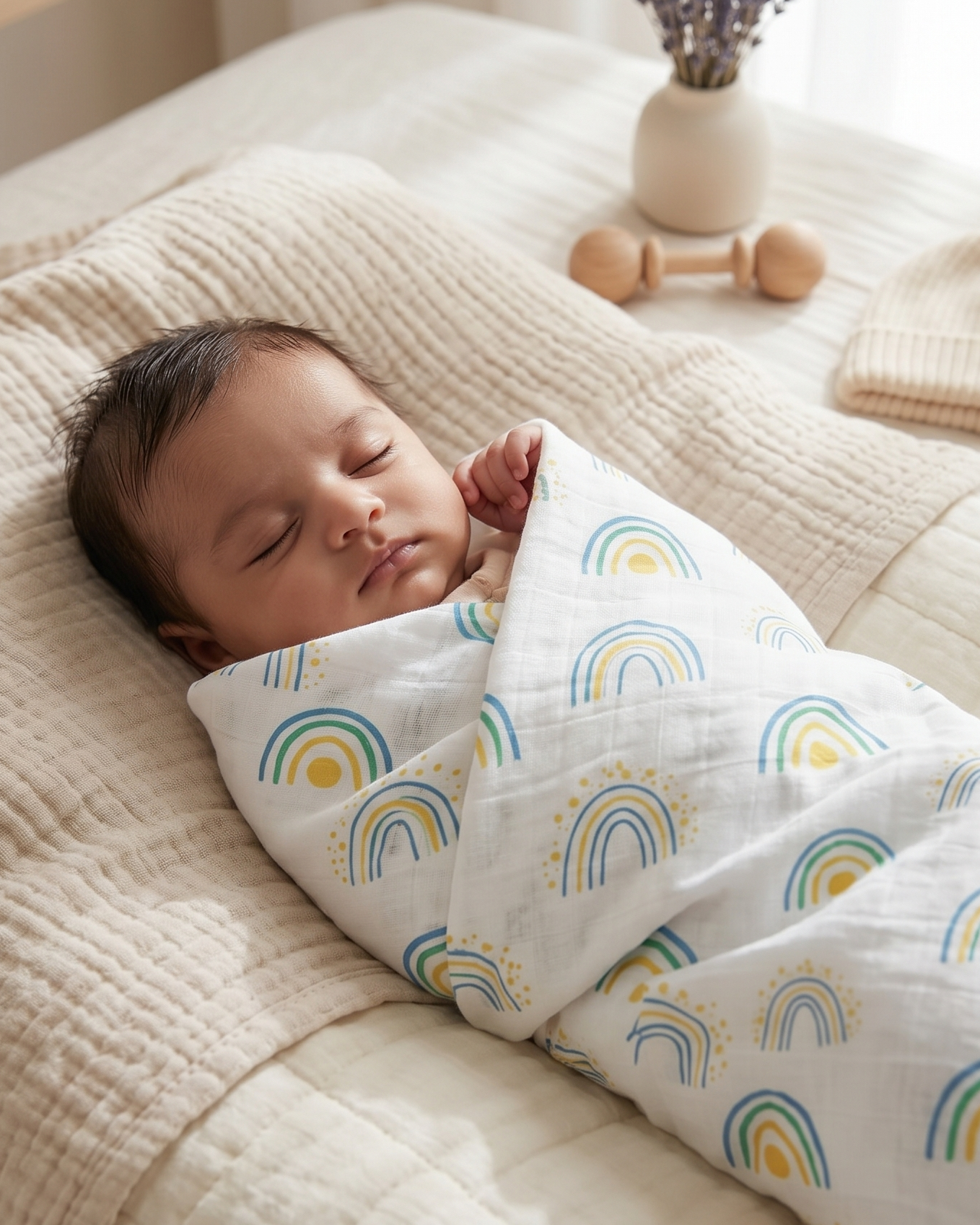 Baby sleeping on a bed wrapped in a blanket with rainbow patterns, surrounded by soft toys.
