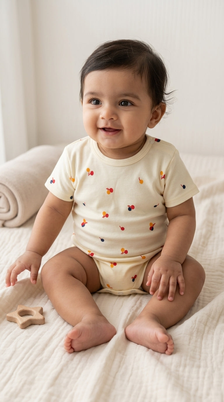 Baby sitting on a white blanket wearing a yellow-colored onesie with colorful cherry patterns.