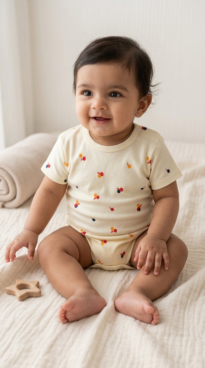 Baby sitting on a white blanket wearing a yellow-colored onesie with colorful cherry patterns.