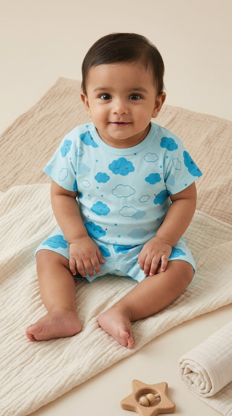 Baby wearing a blue romper with cloud patterns sitting on a textured surface.