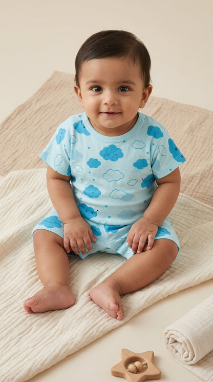 Baby wearing a blue romper with cloud patterns sitting on a textured surface.