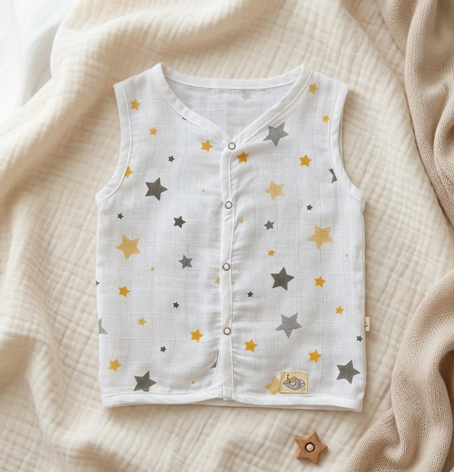 Baby vest with star pattern on a beige textured fabric background