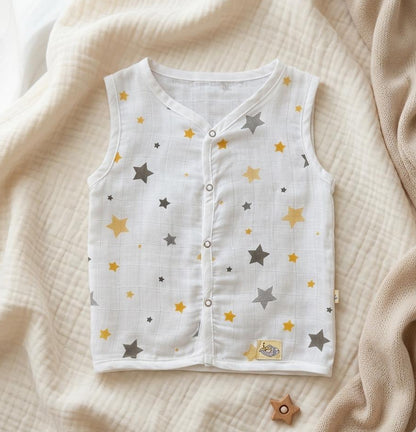 Baby vest with star pattern on a beige textured fabric background