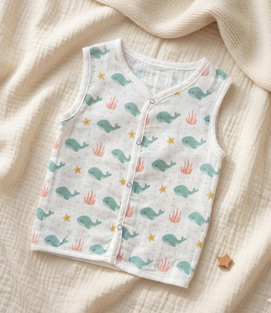 Baby vest with whale pattern on a textured beige surface